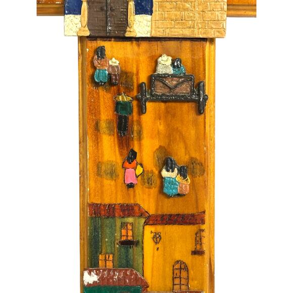 Folk Art Hand Painted 3-D Wood Cross Village Scene 20” x 14” - Picture 5 of 8